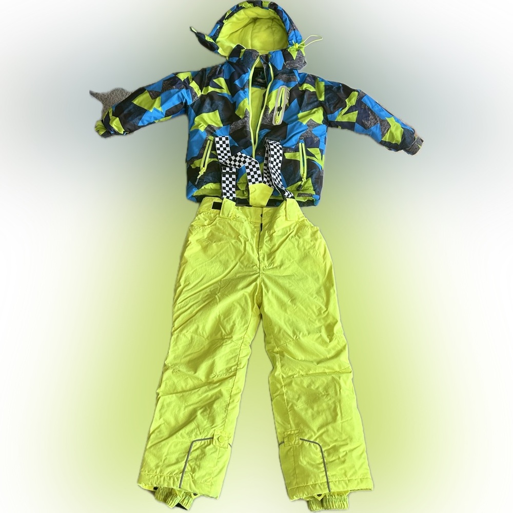 Vibrant Yellow and Blue Snowsuit with Checkered Straps